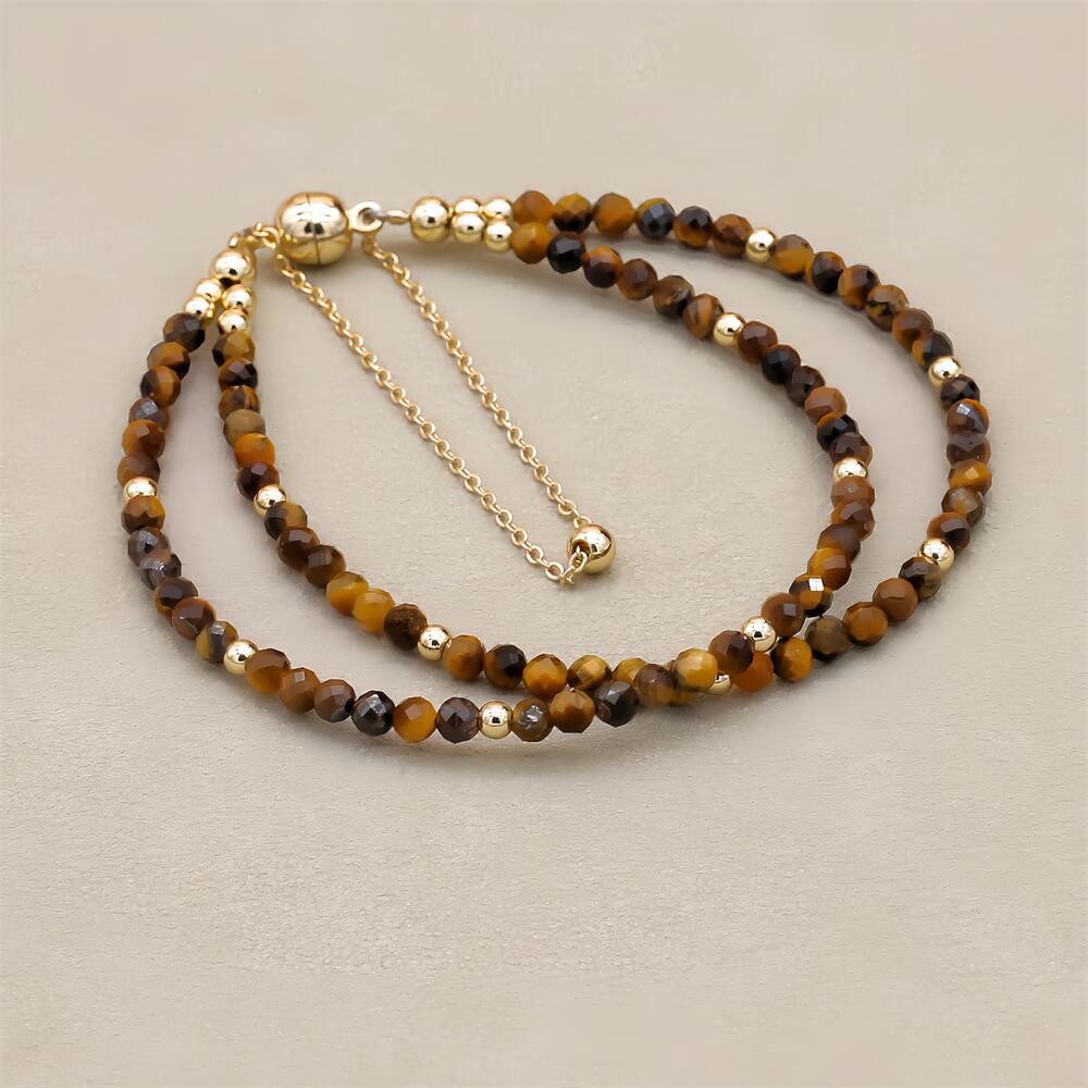 Handmade 3mm Faceted Tiger Eye Double-Layer Bracelet with Magnetic Clasp