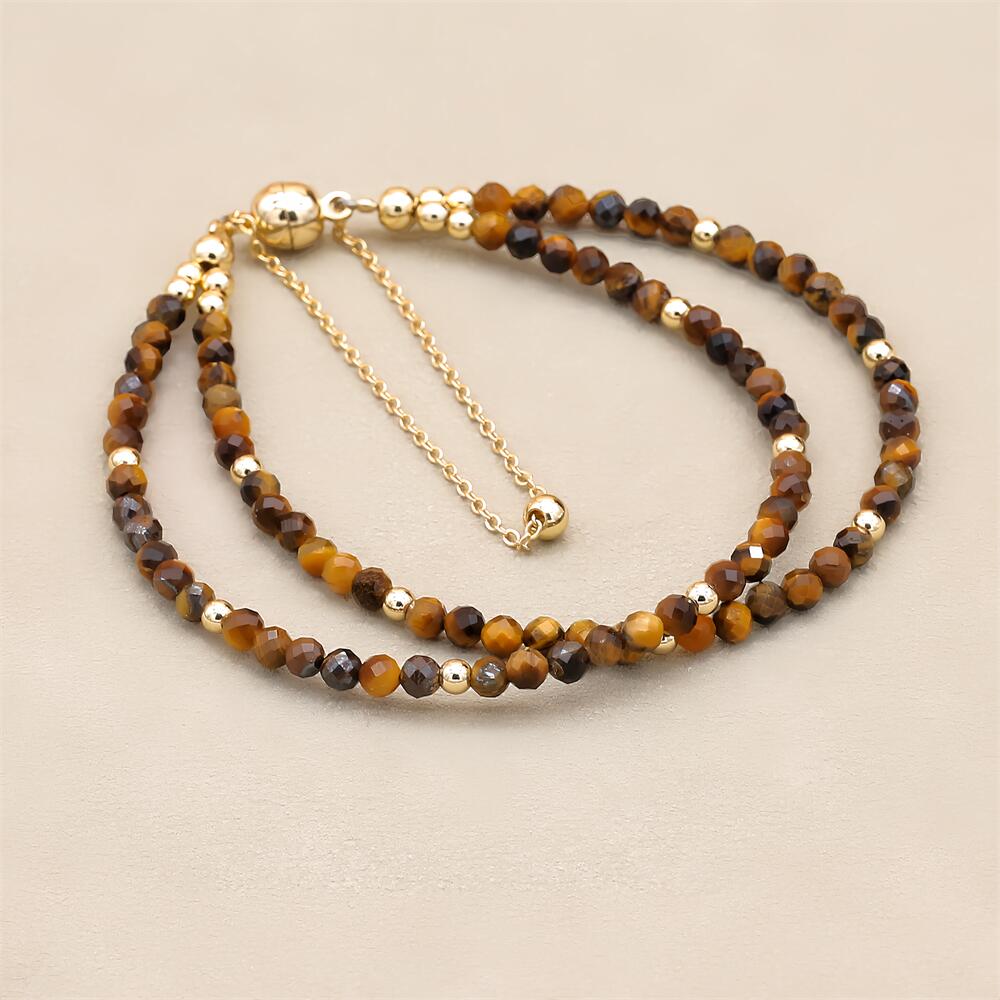 Handmade 3mm Faceted Tiger Eye Double-Layer Bracelet with Magnetic Clasp
