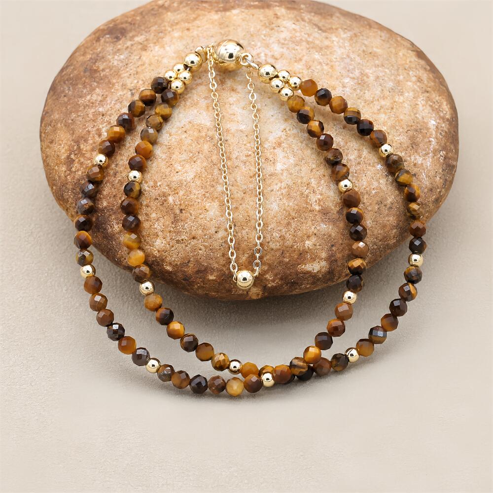 Handmade 3mm Faceted Tiger Eye Double-Layer Bracelet with Magnetic Clasp