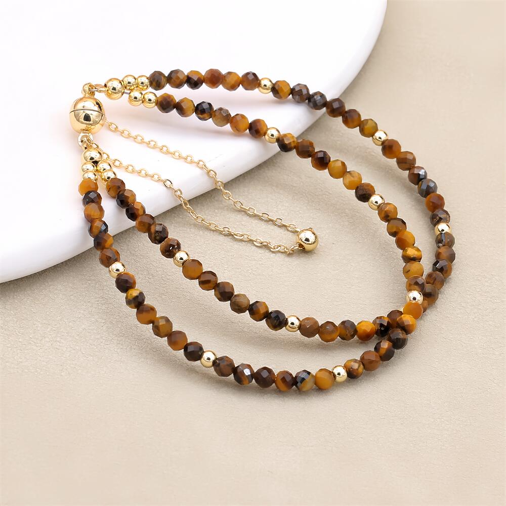 Handmade 3mm Faceted Tiger Eye Double-Layer Bracelet with Magnetic Clasp