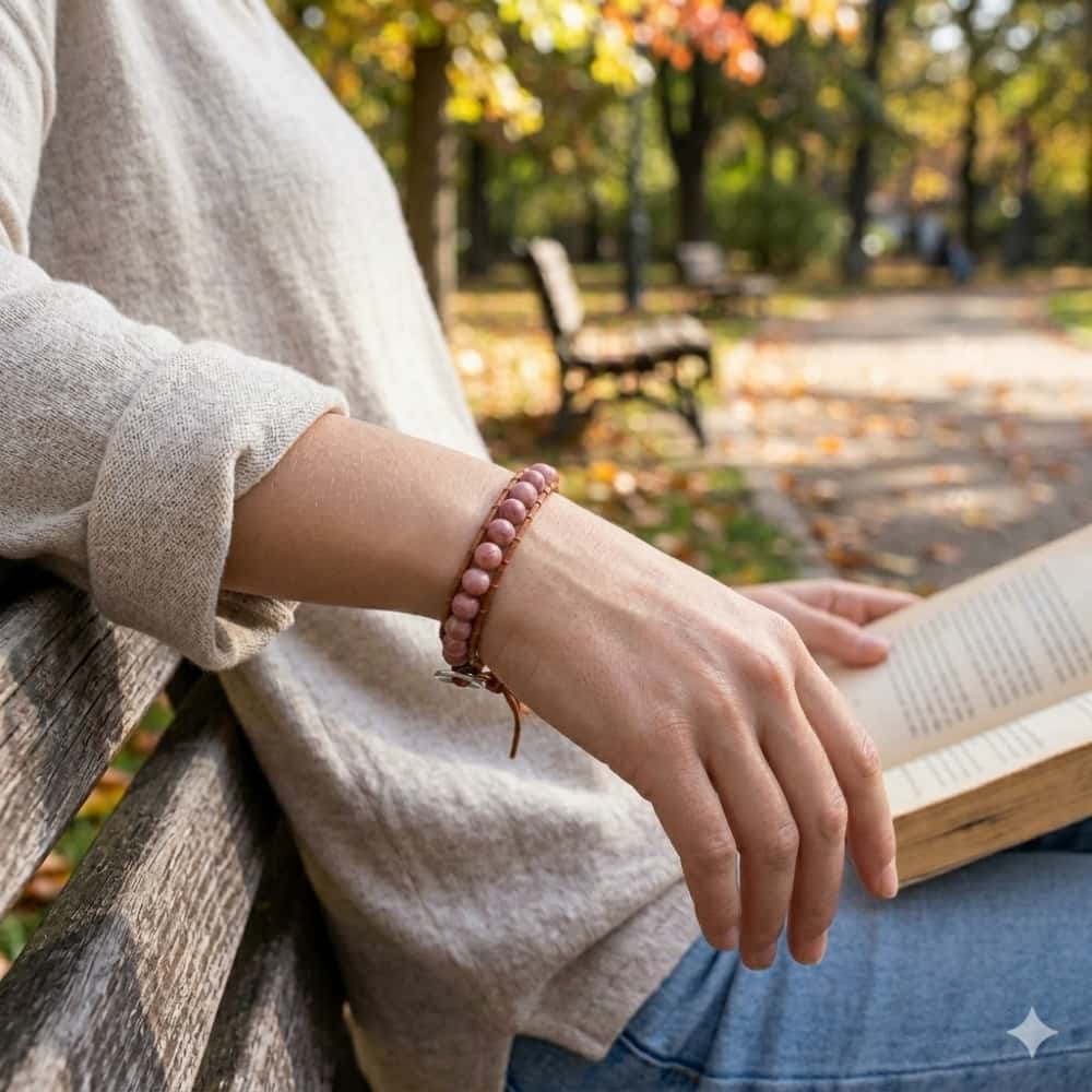 Unisex 8mm Rhodonite Leather Boho Bracelet | Adjustable Braided Wrap