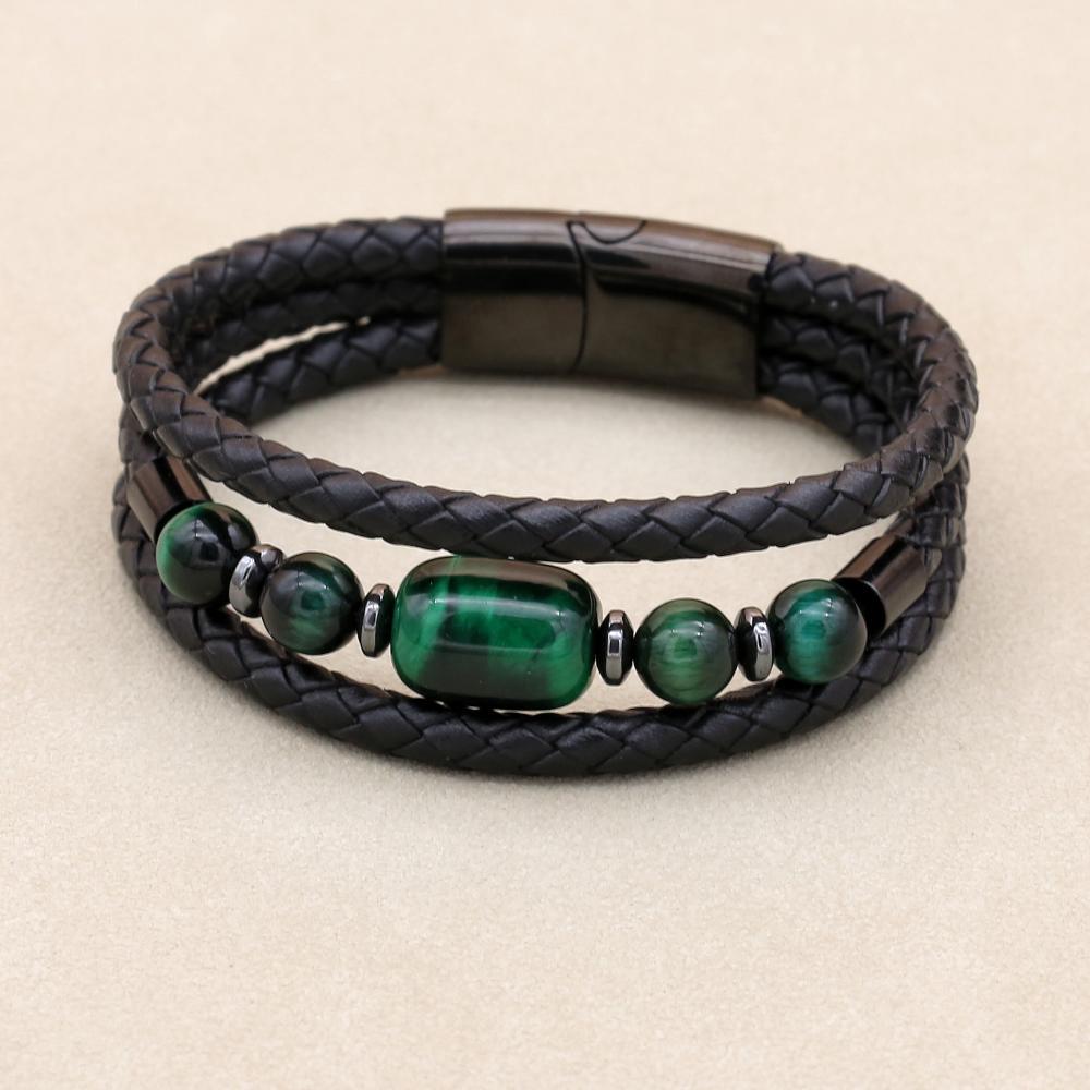 8mm Green Tiger Eye Hematite Multilayer Leather Bracelet for Unisex