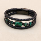 8mm Green Tiger Eye Hematite Multilayer Leather Bracelet for Unisex