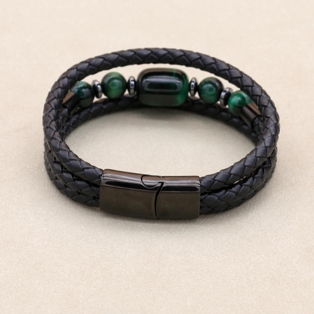 8mm Green Tiger Eye Hematite Multilayer Leather Bracelet for Unisex