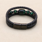 8mm Green Tiger Eye Hematite Multilayer Leather Bracelet for Unisex