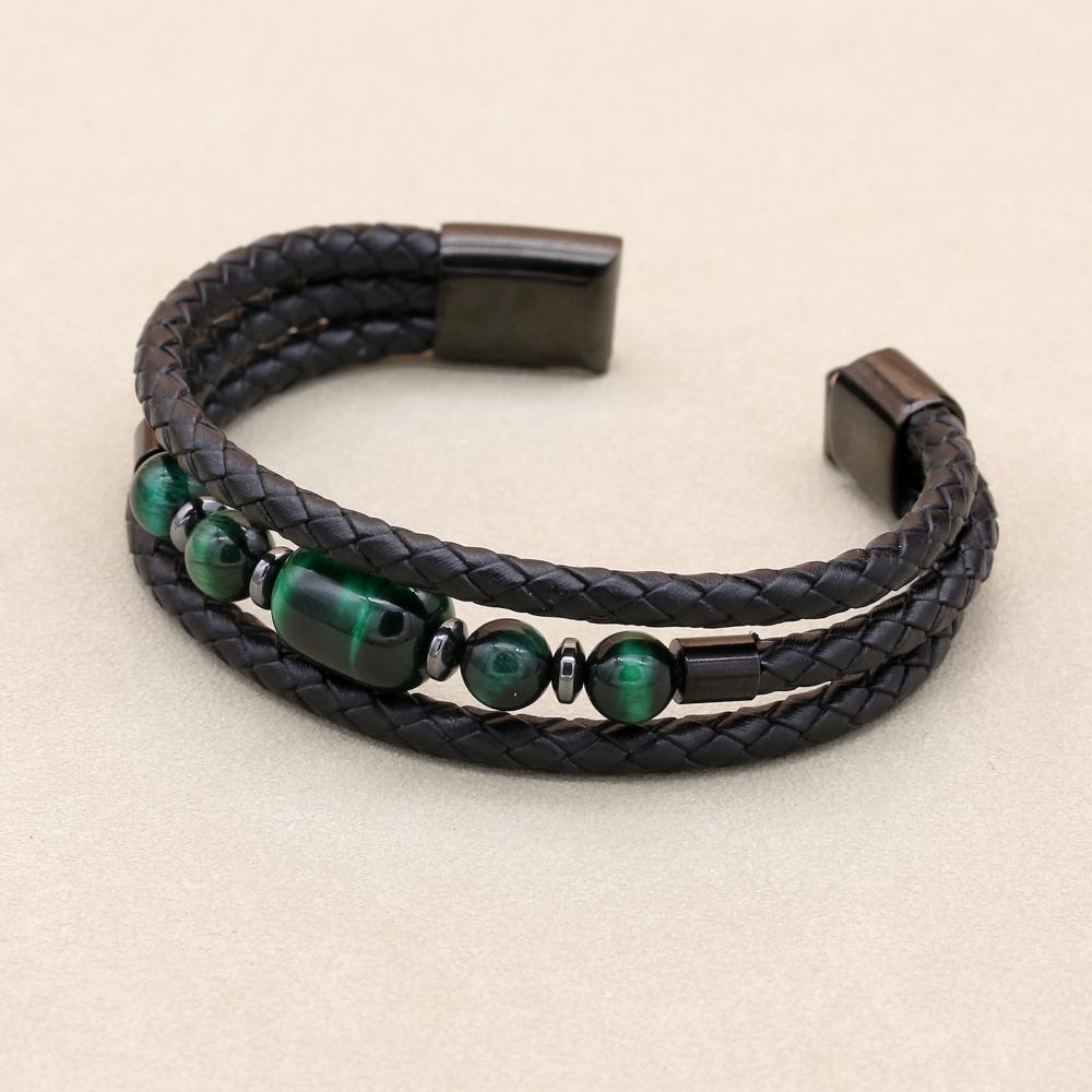 8mm Green Tiger Eye Hematite Multilayer Leather Bracelet for Unisex
