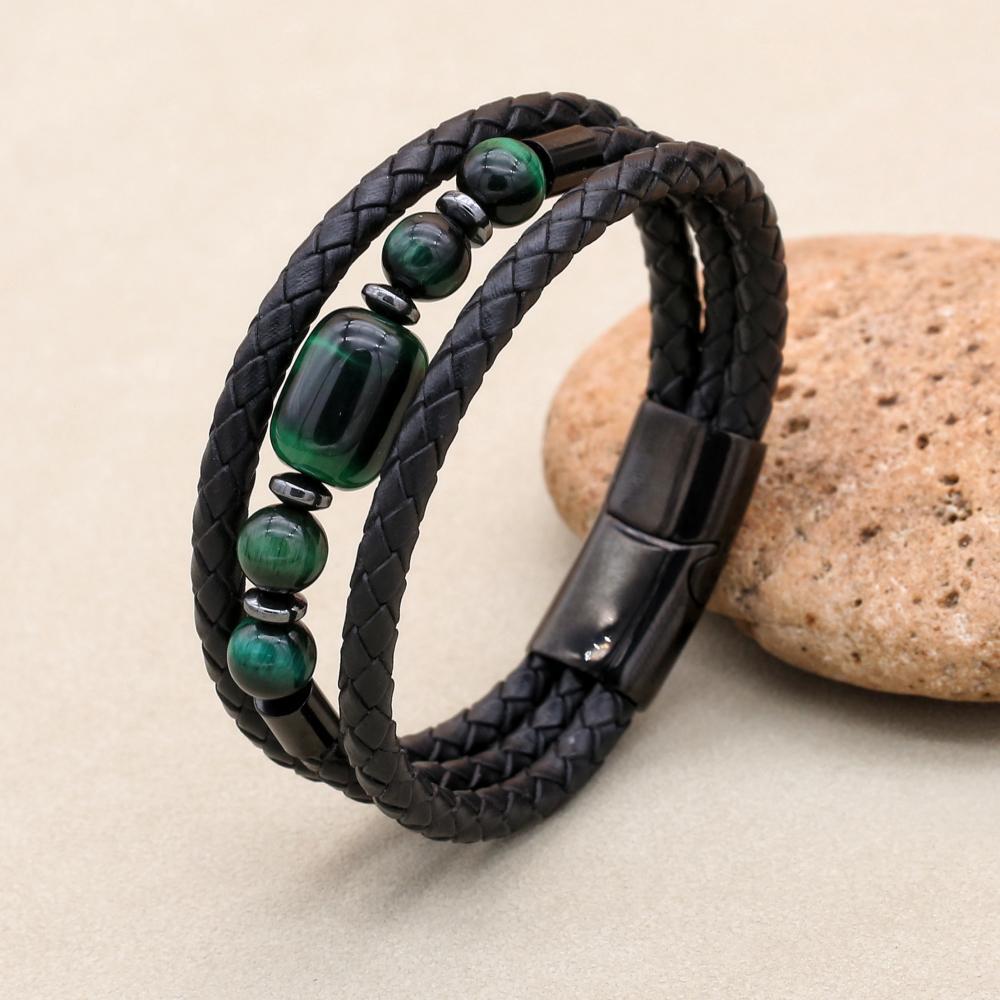 8mm Green Tiger Eye Hematite Multilayer Leather Bracelet for Unisex