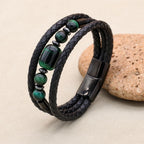 8mm Green Tiger Eye Hematite Multilayer Leather Bracelet for Unisex