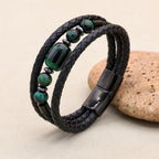 8mm Green Tiger Eye Hematite Multilayer Leather Bracelet for Unisex