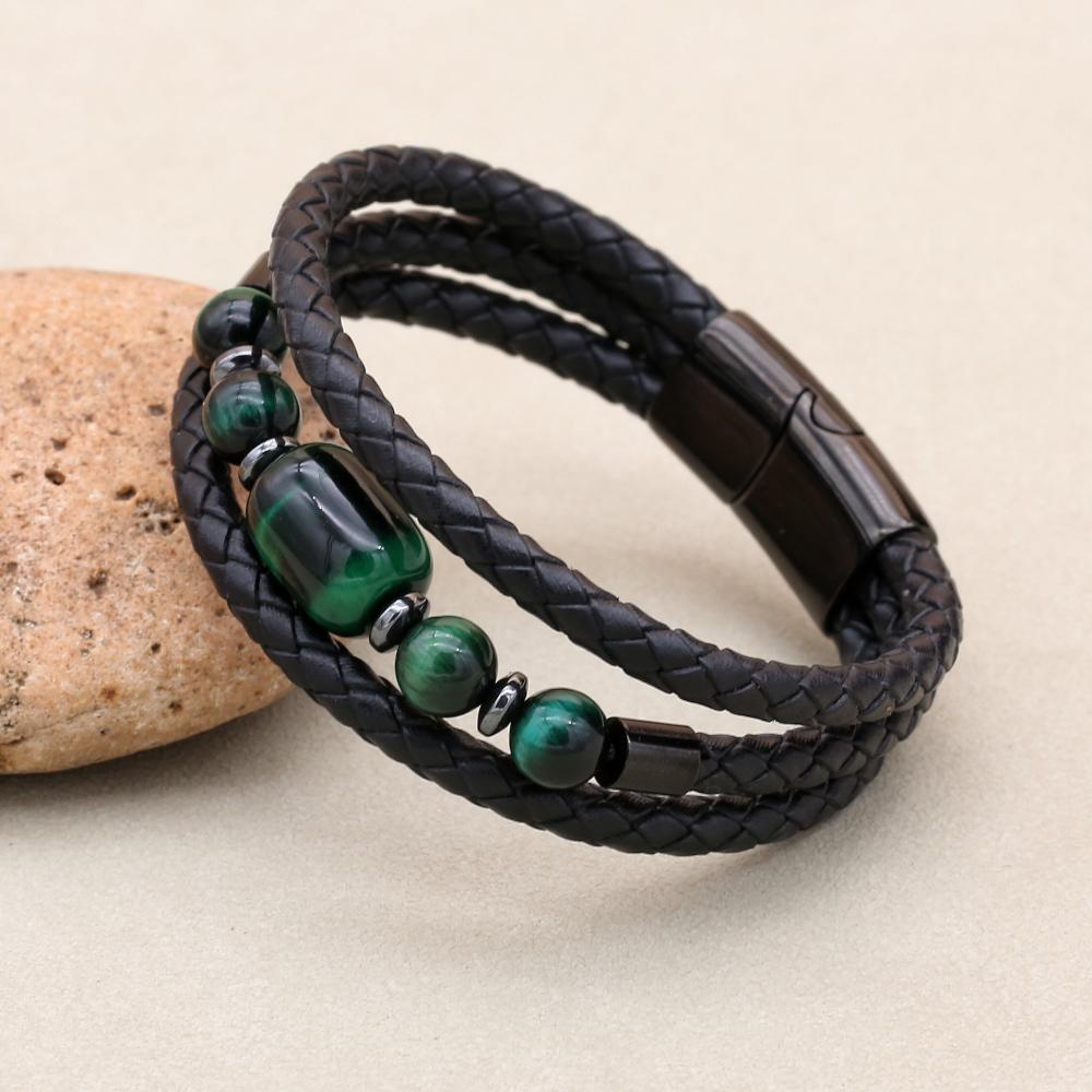 8mm Green Tiger Eye Hematite Multilayer Leather Bracelet for Unisex