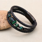 8mm Green Tiger Eye Hematite Multilayer Leather Bracelet for Unisex