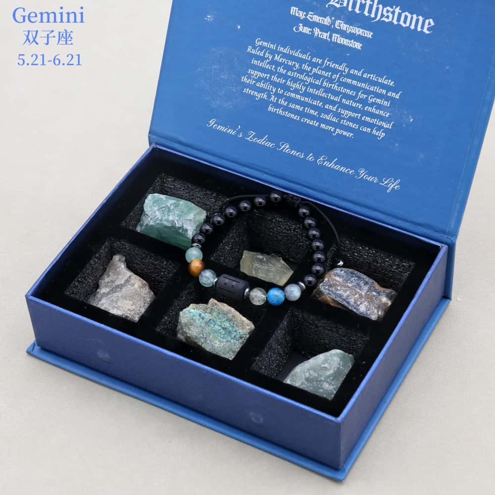 Zodiac Energy Gift Set: 8mm Black Onyx Bracelet & 6 PCS Matching Raw Healing Crystals