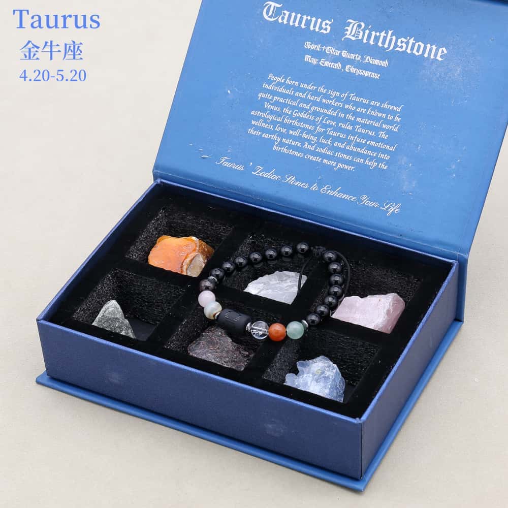 Zodiac Energy Gift Set: 8mm Black Onyx Bracelet & 6 PCS Matching Raw Healing Crystals