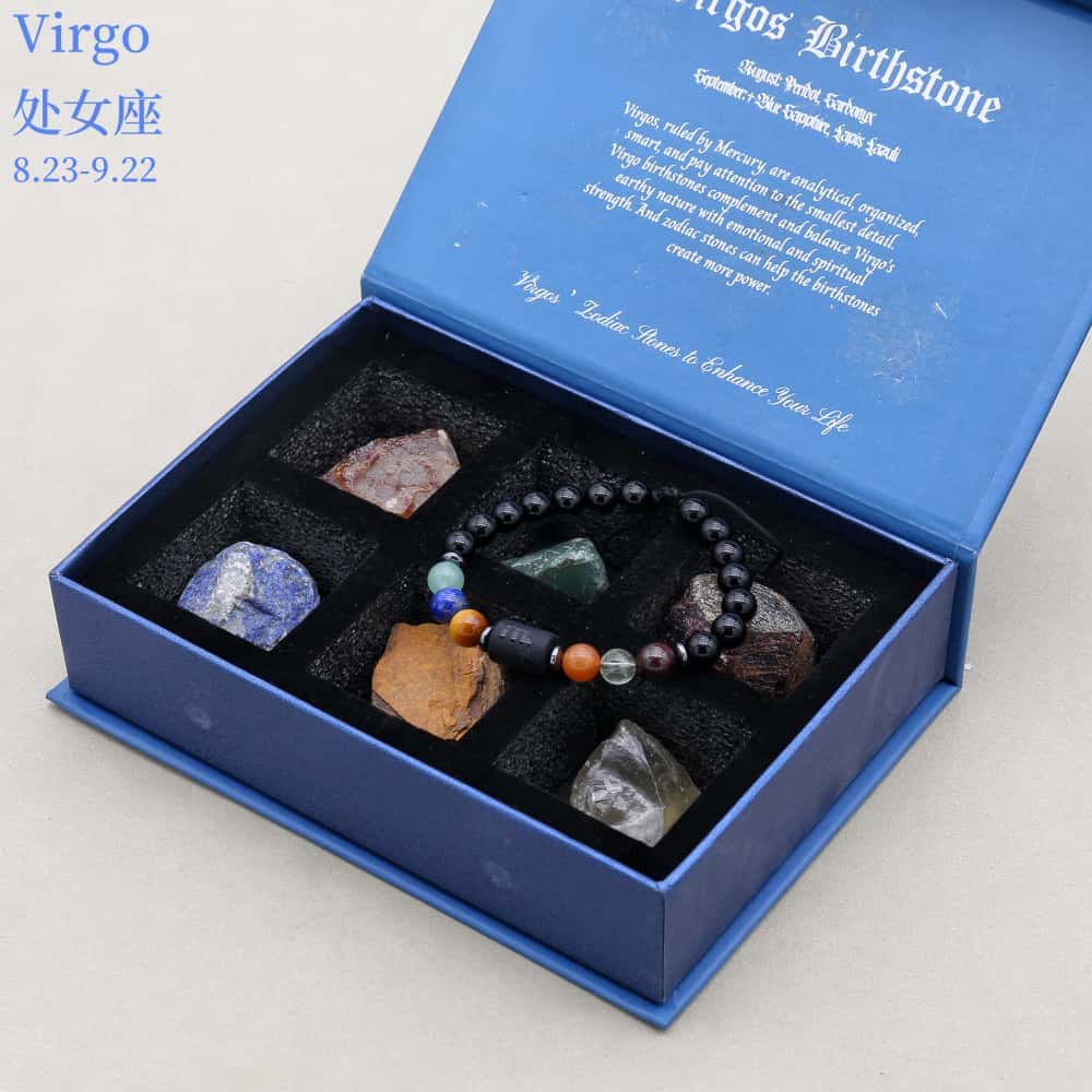 Zodiac Energy Gift Set: 8mm Black Onyx Bracelet & 6 PCS Matching Raw Healing Crystals