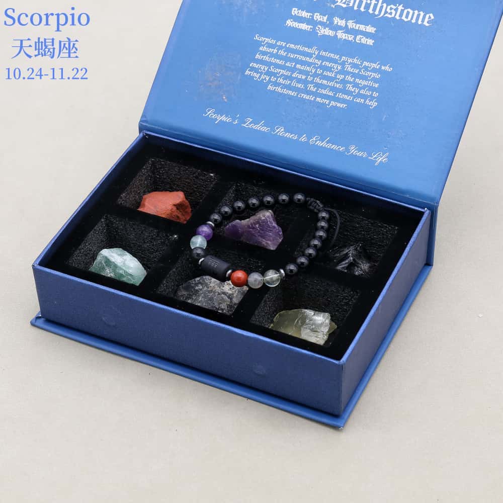 Zodiac Energy Gift Set: 8mm Black Onyx Bracelet & 6 PCS Matching Raw Healing Crystals