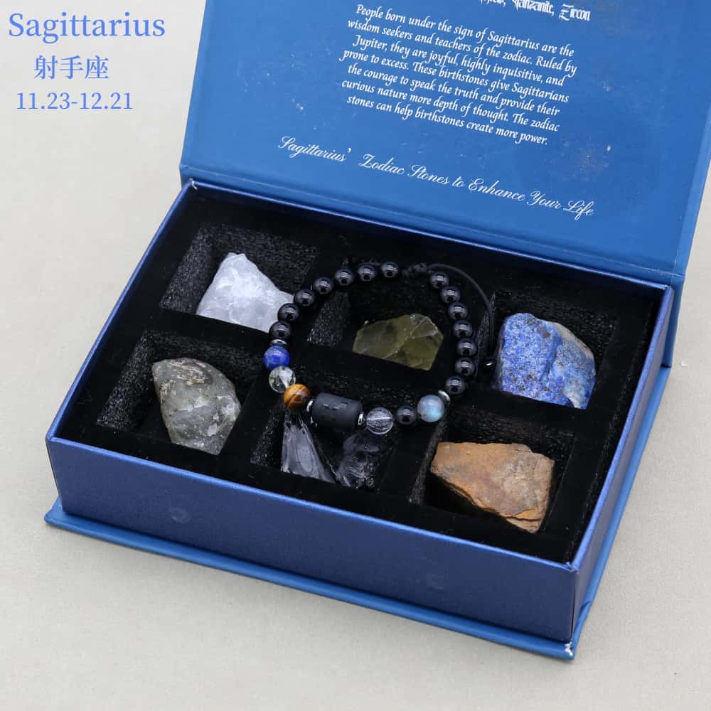 Zodiac Energy Gift Set: 8mm Black Onyx Bracelet & 6 PCS Matching Raw Healing Crystals
