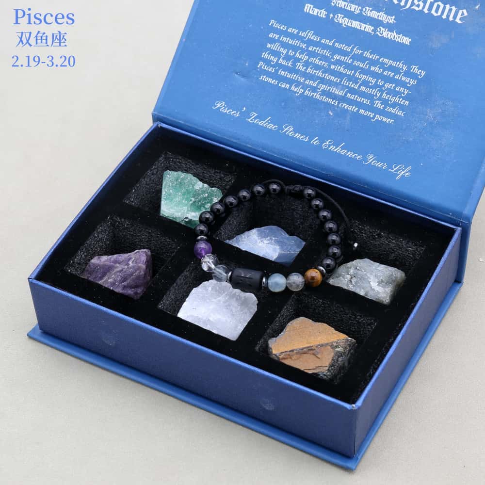 Zodiac Energy Gift Set: 8mm Black Onyx Bracelet & 6 PCS Matching Raw Healing Crystals