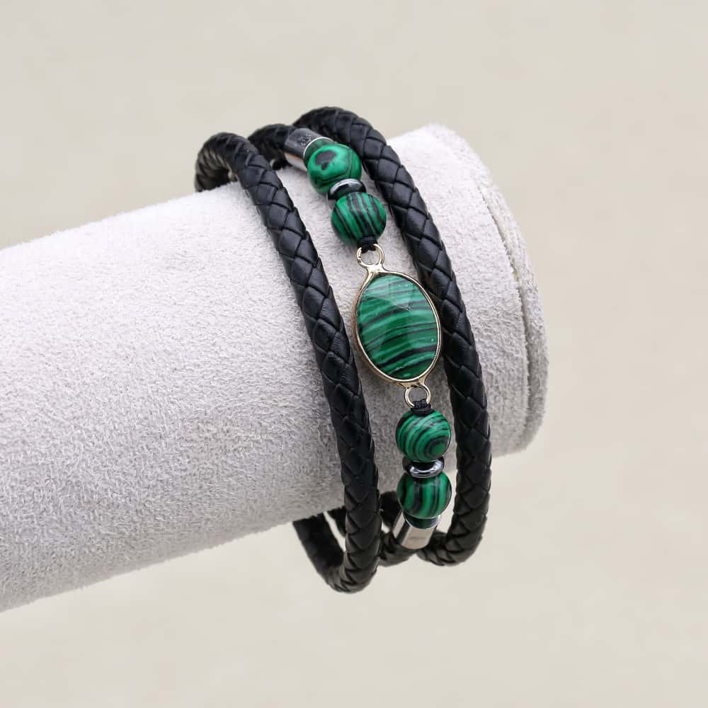 8mm Synthetic Malachite & Hematite Multi-Layer Leather Bracelet for Men & Women