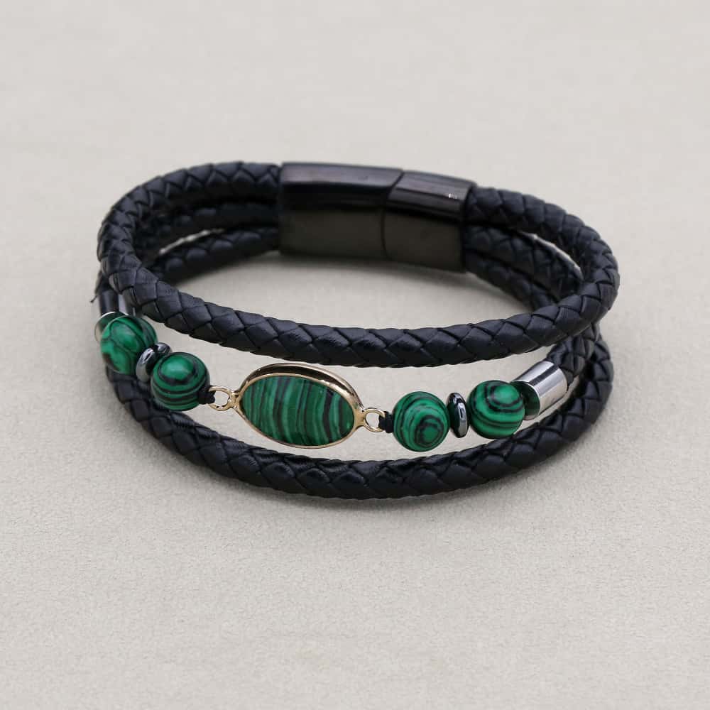 8mm Synthetic Malachite & Hematite Multi-Layer Leather Bracelet for Men & Women