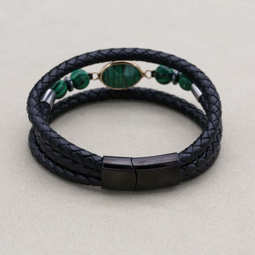 8mm Synthetic Malachite & Hematite Multi-Layer Leather Bracelet for Men & Women