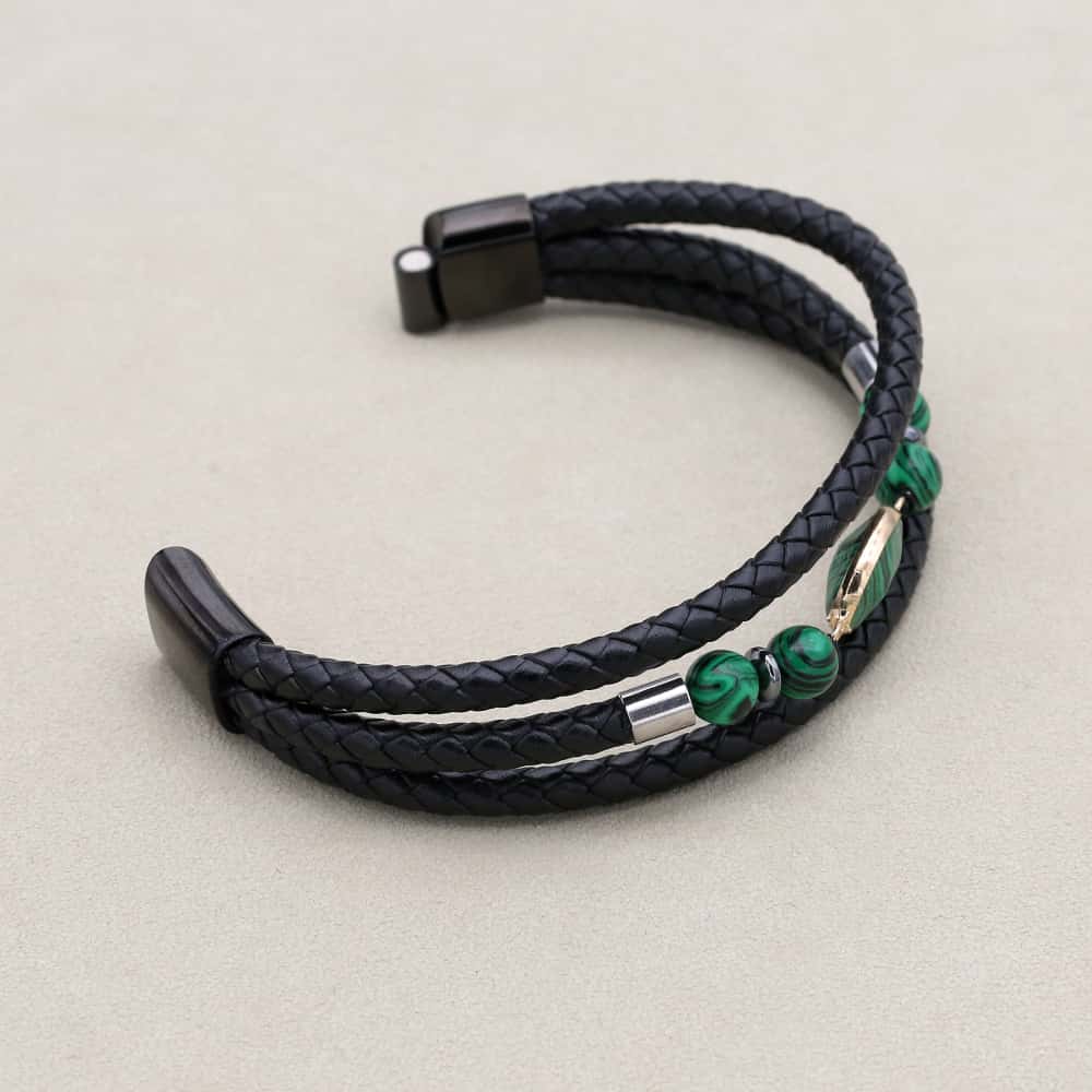 8mm Synthetic Malachite & Hematite Multi-Layer Leather Bracelet for Men & Women
