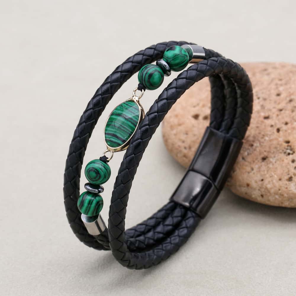 8mm Synthetic Malachite & Hematite Multi-Layer Leather Bracelet for Men & Women