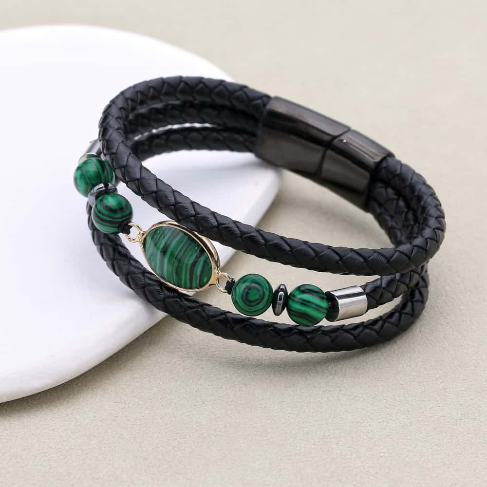 8mm Synthetic Malachite & Hematite Multi-Layer Leather Bracelet for Men & Women