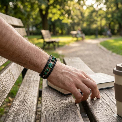 8mm Synthetic Malachite & Hematite Multi-Layer Leather Bracelet for Men & Women