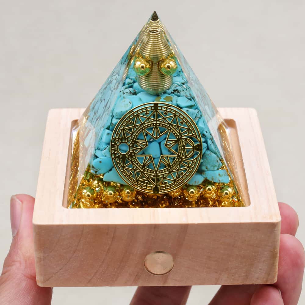Protection & Fortune: Turquoise Copper Coil Orgone Pyramid with Night Light Base