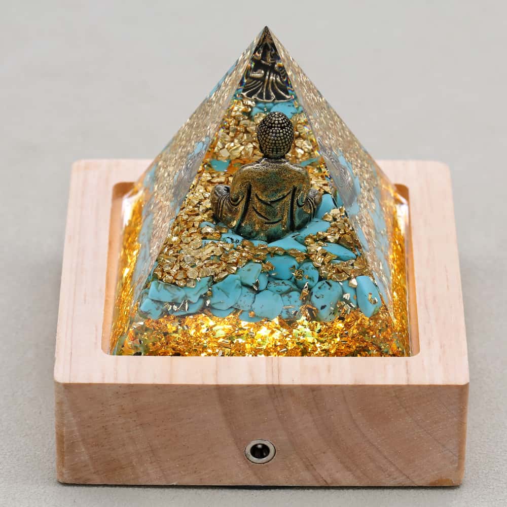 Peace & Serenity: Buddha Turquoise Orgone Pyramid with Night Light Base