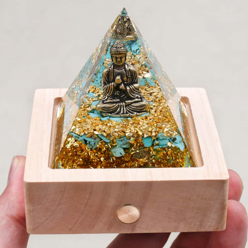 Peace & Serenity: Buddha Turquoise Orgone Pyramid with Night Light Base