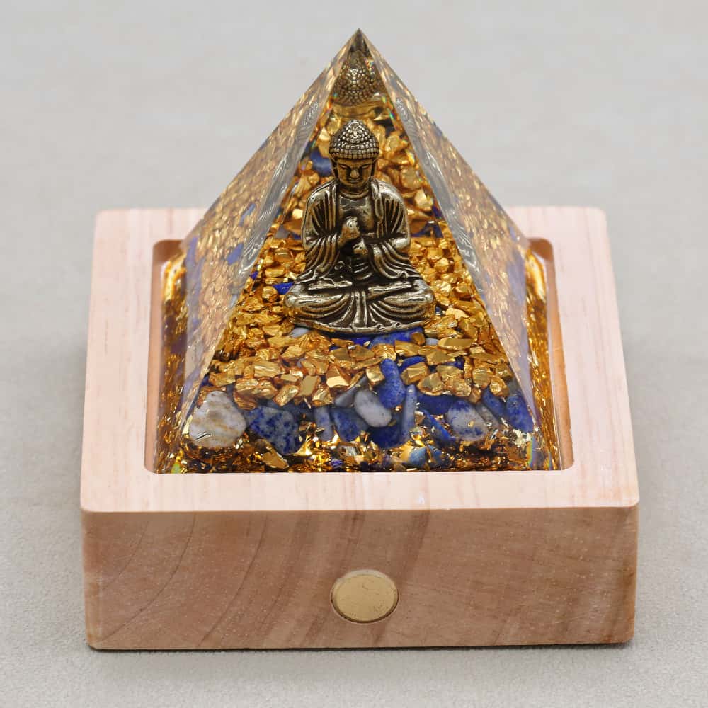 Wisdom & Calm: Buddha Lapis Lazuli Orgone Pyramid Night with Light Base