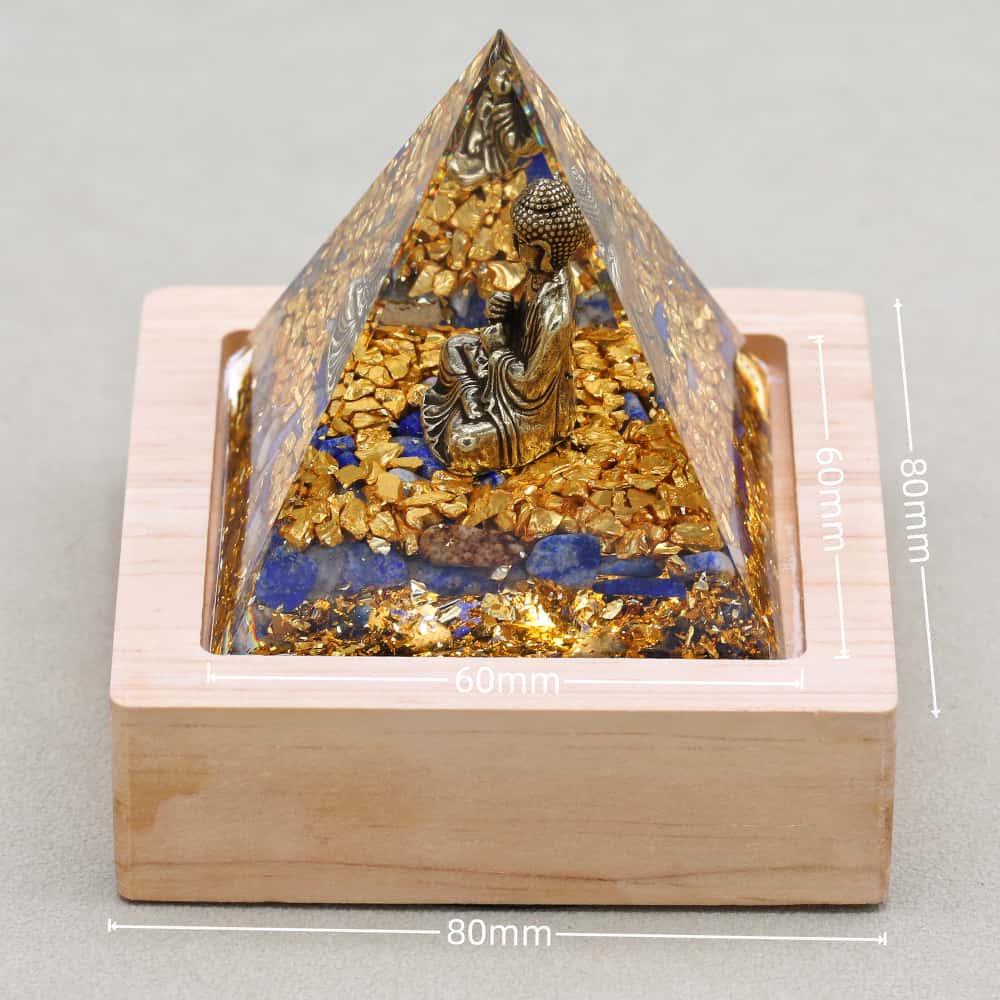 Wisdom & Calm: Buddha Lapis Lazuli Orgone Pyramid Night with Light Base
