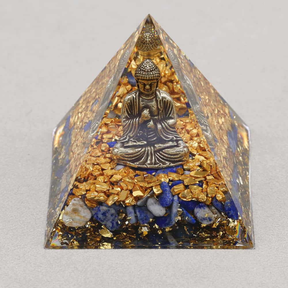 Wisdom & Calm: Buddha Lapis Lazuli Orgone Pyramid Night with Light Base
