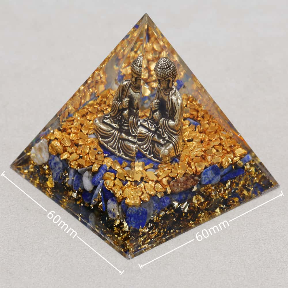 Wisdom & Calm: Buddha Lapis Lazuli Orgone Pyramid Night with Light Base