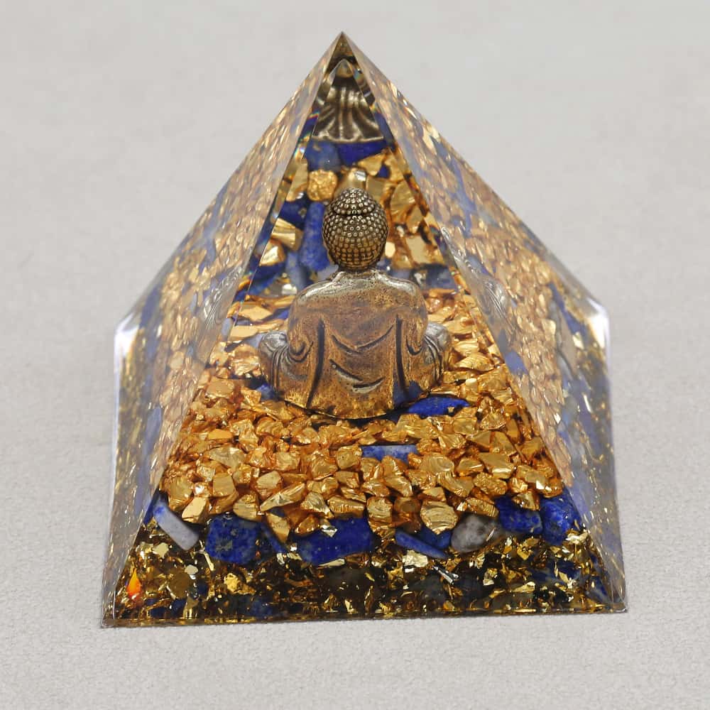 Wisdom & Calm: Buddha Lapis Lazuli Orgone Pyramid Night with Light Base