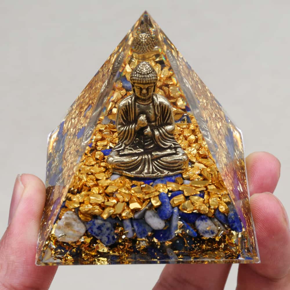 Wisdom & Calm: Buddha Lapis Lazuli Orgone Pyramid Night with Light Base