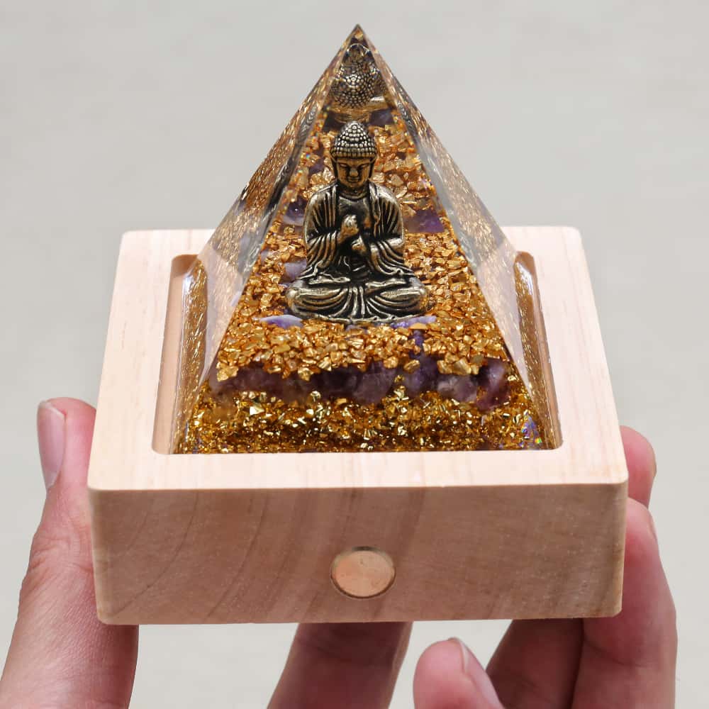 Calm & Intuition: Buddha Amethyst Orgone Pyramid with Night Light Base