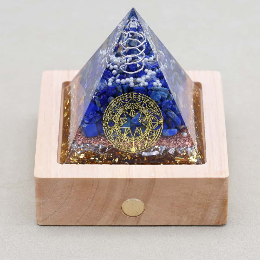 Clarity & Truth: Clear Quartz Lapis Lazuli Orgone Pyramid with Night Light Base