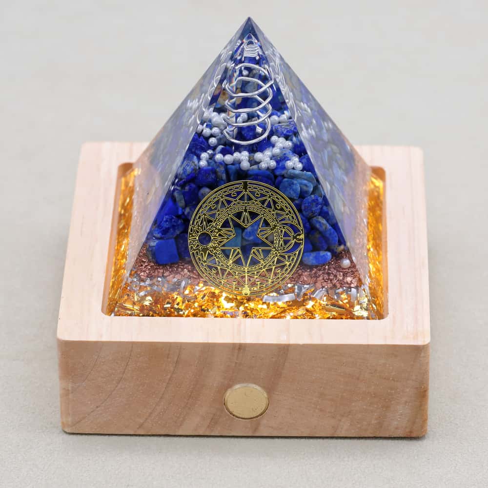 Clarity & Truth: Clear Quartz Lapis Lazuli Orgone Pyramid with Night Light Base