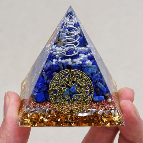 Clarity & Truth: Clear Quartz Lapis Lazuli Orgone Pyramid with Night Light Base