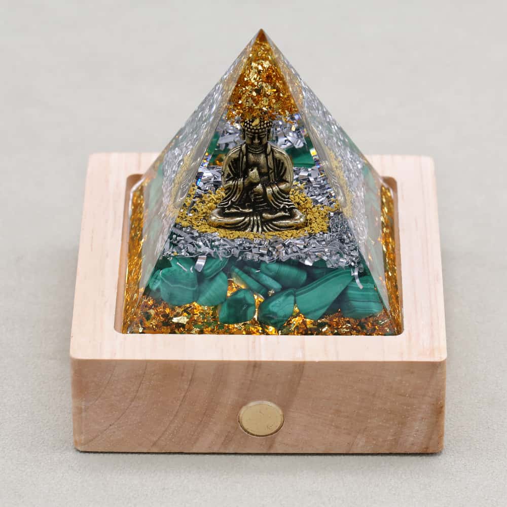 Abundance & Healing Buddha Malachite Orgone Pyramid with Night Light Base