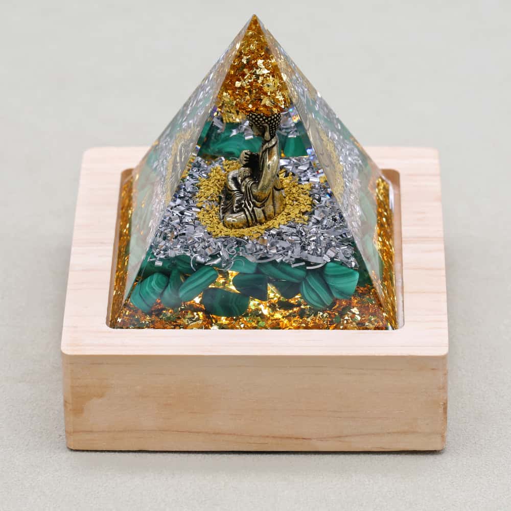 Abundance & Healing Buddha Malachite Orgone Pyramid with Night Light Base