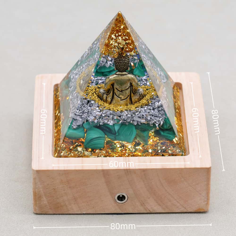 Abundance & Healing Buddha Malachite Orgone Pyramid with Night Light Base