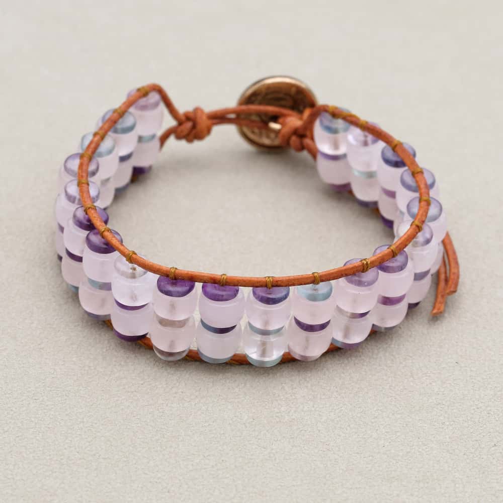 Love & Clarity Rose Quartz Fluorite Boho Leather Wrap Bracelet