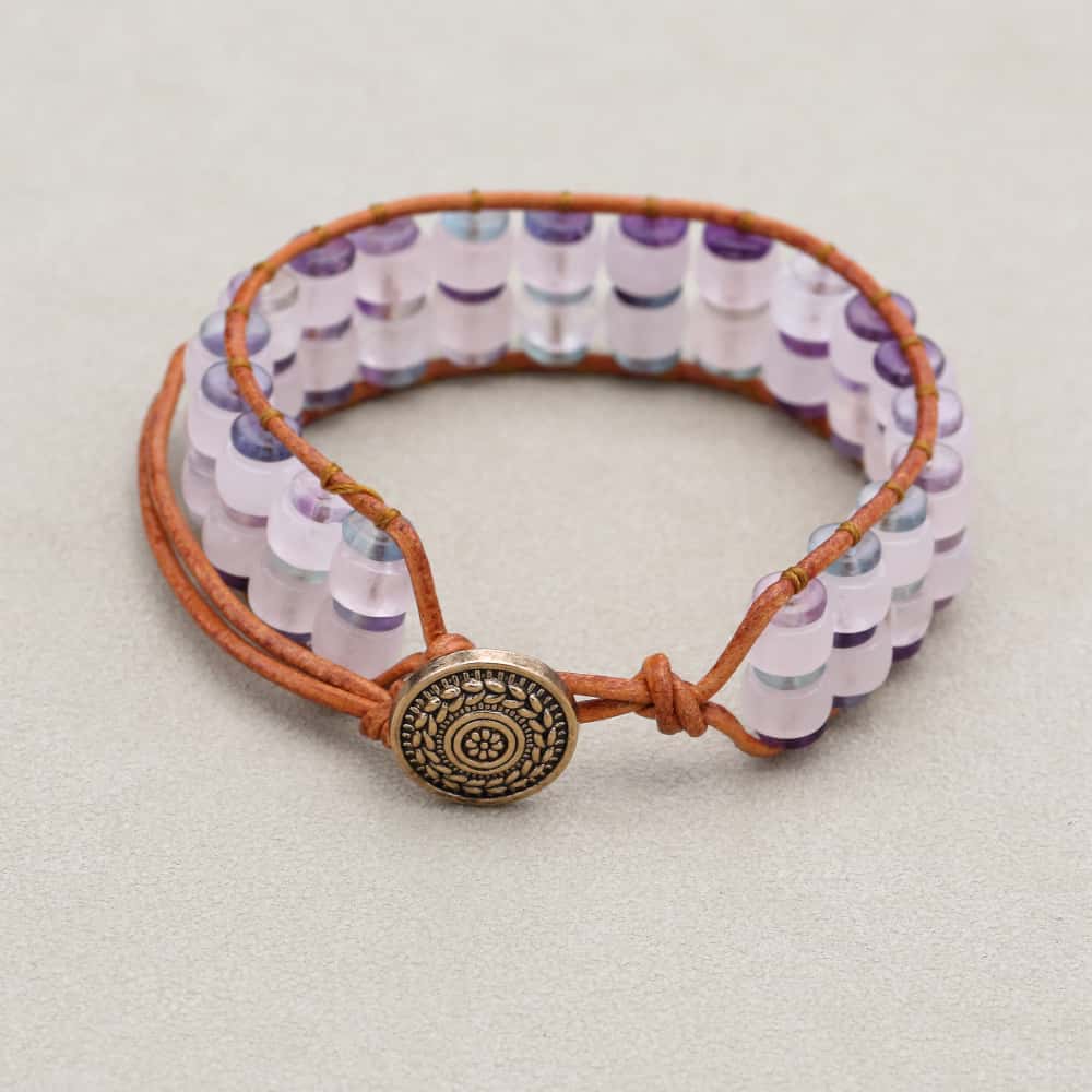 Love & Clarity Rose Quartz Fluorite Boho Leather Wrap Bracelet