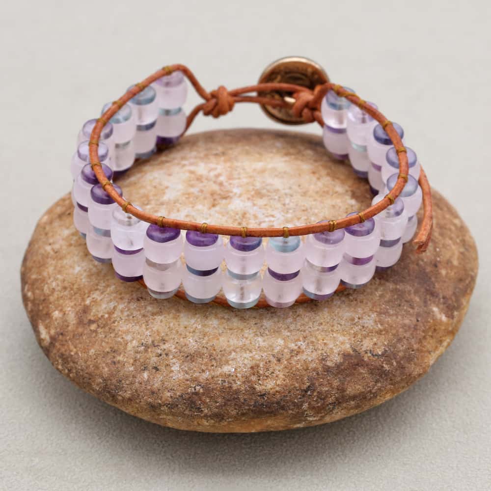 Love & Clarity Rose Quartz Fluorite Boho Leather Wrap Bracelet