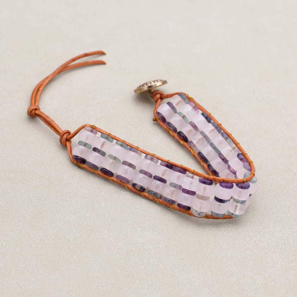 Love & Clarity Rose Quartz Fluorite Boho Leather Wrap Bracelet