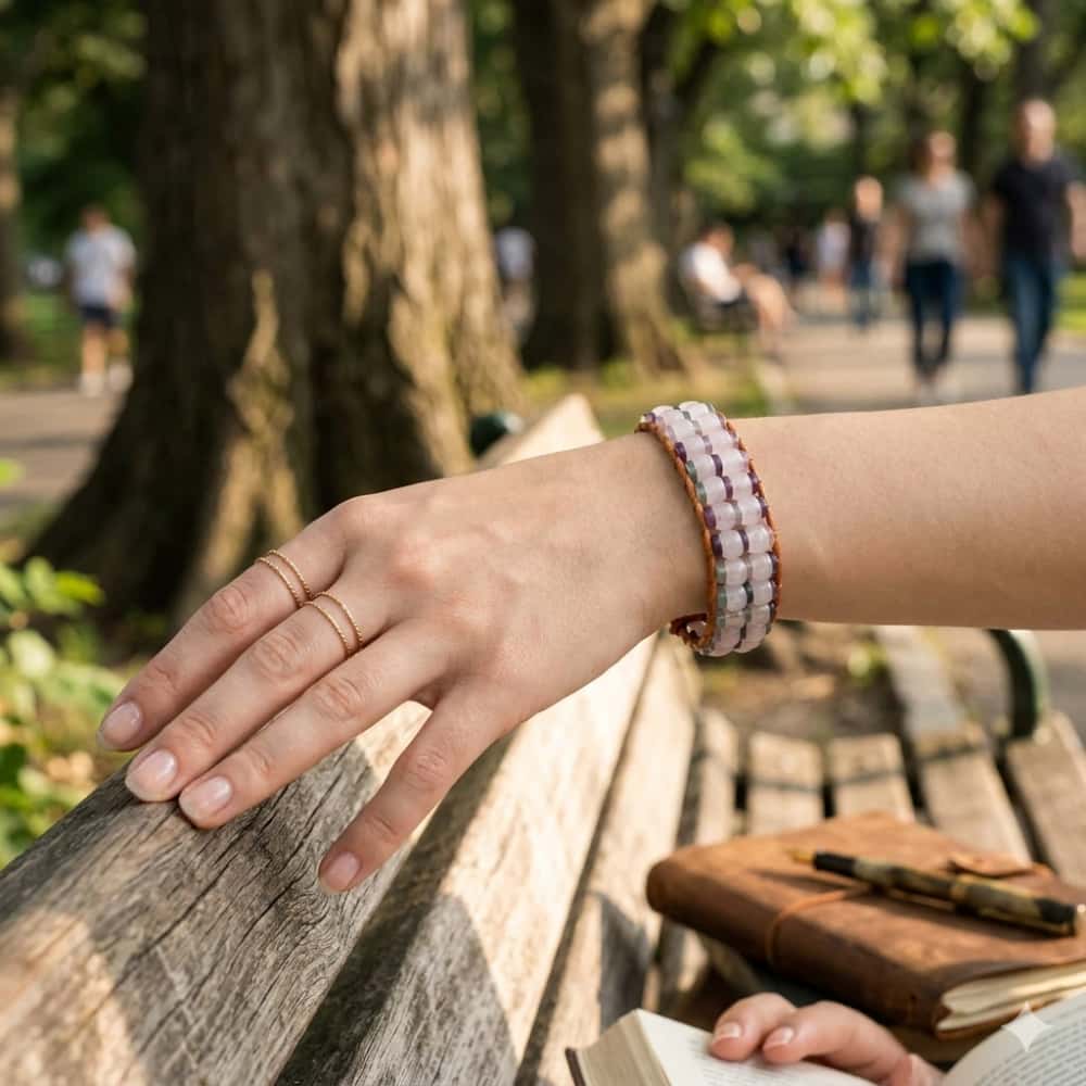 Love & Clarity Rose Quartz Fluorite Boho Leather Wrap Bracelet