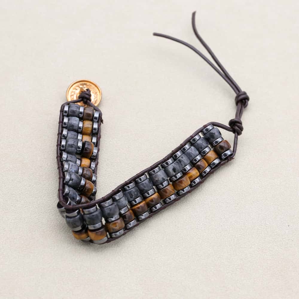 Strength & Protection Tiger Eye Hematite Leather Woven Bracelet
